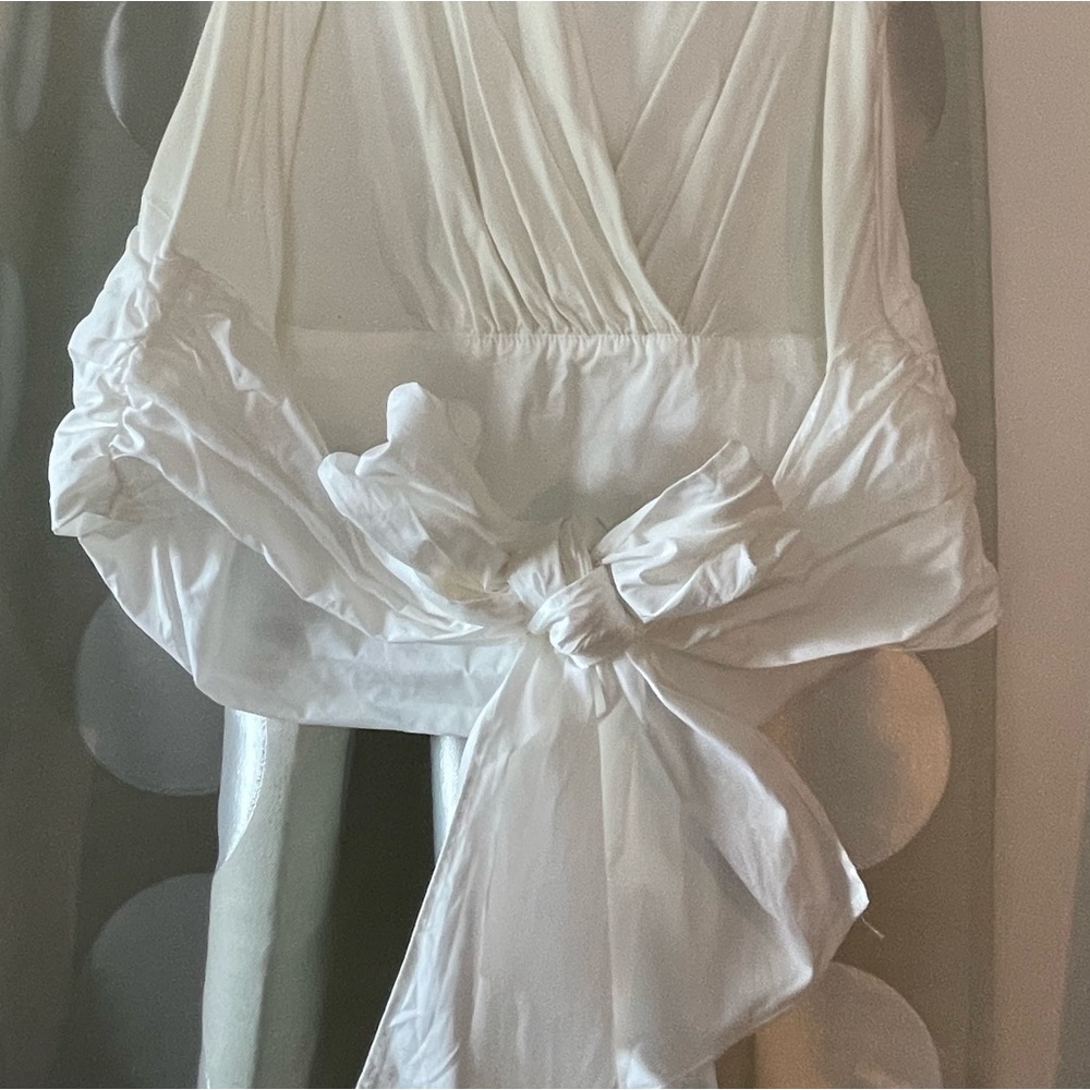 Anthropologie White Top with bow tie waste - clasp in front for wrap style